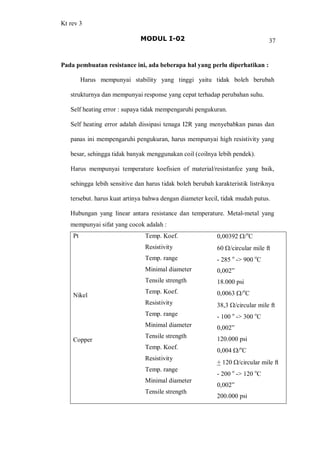 Kt rev 3
MODUL I-02 37
Pada pembuatan resistance ini, ada beberapa hal yang perlu diperhatikan :
Harus mempunyai stability yang tinggi yaitu tidak boleh berubah
strukturnya dan mempunyai response yang cepat terhadap perubahan suhu.
Self heating error : supaya tidak mempengaruhi pengukuran.
Self heating error adalah dissipasi tenaga I2R yang menyebabkan panas dan
panas ini mempengaruhi pengukuran, harus mempunyai high resistivity yang
besar, sehingga tidak banyak menggunakan coil (coilnya lebih pendek).
Harus mempunyai temperature koefisien of material/resistanfce yang baik,
sehingga lebih sensitive dan harus tidak boleh berubah karakteristik listriknya
tersebut. harus kuat artinya bahwa dengan diameter kecil, tidak mudah putus.
Hubungan yang linear antara resistance dan temperature. Metal-metal yang
mempunyai sifat yang cocok adalah :
Pt
Nikel
Copper
Temp. Koef.
Resistivity
Temp. range
Minimal diameter
Tensile strength
Temp. Koef.
Resistivity
Temp. range
Minimal diameter
Tensile strength
Temp. Koef.
Resistivity
Temp. range
Minimal diameter
Tensile strength
0,00392 W/o
C
60 W/circular mile ft
- 285 o
-> 900 o
C
0,002
18.000 psi
0,0063 W/o
C
38,3 W/circular mile ft
- 100 o
-> 300 o
C
0,002
120.000 psi
0,004 W/o
C
+ 120 W/circular mile ft
- 200 o
-> 120 o
C
0,002
200.000 psi
 