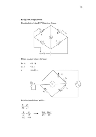38
Rangkaian pengukuran :
Bisa dipakai AC atau DC Wheatstone Bridge
Dalam keadaan balance berlaku :
Ia . A = Ib . B
ia . r = ib . s
r = (A/B) . s
Pada keadaan balance berlaku :
3
1
2 Z
Z
Z
Zr
=
3
3
1
2
2
wc
i
R
wc
i
R
=
2
21
3
3
C
xiR
C
Ri
=
G
S
B
Ar
G
Z1
Z3
Zr
Z2
I1
I2
 
