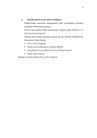4
b. INSTRUMENT FUNCTION SYMBOLS
Simbol-simbol instrument dipergunakan untuk membedakan peralatan
instrument berdasarkan fungsinya,
Symbol yang dipakai untuk instrumentasi mengacu pada ANSI/ISA S.5
(Instrument loop diagram).
Sebagian besar fasilitas lapangan minyak dan gas memiliki informasi dan
dokumentasi dalam bentuk:
— Process Flow Diagram,
— Piping and Instrumentation Diagram (P&ID)
— Loop Diagram (Loop Sheets),Electrical Wiring Diagram
— Ladder logic diagram
Berikut ini contoh gambar Process Flow Diagram
 