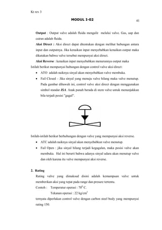 Kt rev 3
MODUL I-02 41
Output : Output valve adalah fluida mengalir melalui valve. Gas, uap dan
cairan adalah fluida.
Aksi Direct : Aksi direct dapat ditentukan dengan melihat hubungan antara
input dan outputnya. Jika kenaikan input menyebabkan kenaikan output maka
dikatakan bahwa valve tersebut mempunyai aksi direct.
Aksi Reverse : kenaikan input menyebabkan menurunnya output maka
Istilah berikut mempunyai hubungan dengan control valve aksi direct:
· ATO adalah naiknya sinyal akan menyebabkan valve membuka.
· Fail Closed Jika sinyal yang menuju valve hilang maka valve menutup.
Pada gambar dibawah ini, control valve aksi direct dengan menggunakan
simbol standar ISA. Anak panah berada di stem valve untuk menunjukkan
bila terjadi posisi gagal .
Istilah-istilah berikut berhubungan dengan valve yang mempunyai aksi reverse.
· ATC adalah naiknya sinyal akan menyebabkan valve menutup.
· Fail Open : jika sinyal hilang terjadi kegagalan, maka posisi valve akan
membuka. Hal ini berarti bahwa adanya sinyal udara akan menutup valve
dan oleh karena itu valve mempunyai aksi reverse.
2. Rating
Rating valve yang dimaksud disini adalah kemampuan valve untuk
memberikan aksi yang tepat pada range dan presure tertentu.
Contoh : Temperatur operasi : 700
C.
Tekanan operasi : 22 kg/cm2
ternyata diperlukan control valve dengan carbon steel body yang mempunyai
rating 150.
 