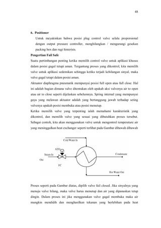48
6. Positioner
Untuk meyakinkan bahwa posisi plug control valve selalu proporsional
dengan output pressure controller, menghilangkan / mengurangi gesekan
packing box dan rugi histerisis.
Pengertian Fail Safe
Suatu pertimbangan penting ketika memilih control valve untuk aplikasi khusus
dalam posisi gagal tetapi aman. Tergantung proses yang dikontrol, kita memilih
valve untuk aplikasi sedemikan sehingga ketika terjadi kehilangan sinyal, maka
valve gagal tetapi dalam posisi aman.
Aktuator diaphragma pneumatik mempunyai posisi full open atau full close. Hal
ini adalah bagian dimana valve ditentukan oleh apakah aksi valvenya air to open
atau air to close seperti dijelaskan sebelumnya. Spring internal yang mempunyai
gaya yang melawan aktuator adalah yang bertanggung jawab terhadap seting
valvenya apakah posisi membuka atau posisi menutup.
Ketika memilih valve yang terpenting ialah memahami karakteristik yang
dikontrol, dan memilih valve yang sesuai yang dibutuhkan proses tersebut.
Sebagai contoh, kita akan menggunakan valve untuk mengontrol temperature air
yang meninggalkan heat exchanger seperti terlihat pada Gambar dibawah dibawah
Proses seperti pada Gambar diatas, dipilih valve fail closed. Jika sinyalnya yang
menuju valve hilang, maka valve harus menutup dan air yang dipanaskan tetap
dingin. Dalam proses ini jika menggunakan valve gagal membuka maka air
mungkin mendidih dan menghasilkan tekanan yang berlebihan pada heat
 
