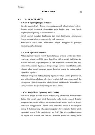 Kt rev 3
MODUL I-02 53
4.3. BASIC OPERATION
a. Cara Kerja Diaphragma Actuator
Cara kerja control valve dengan penggerak pneumatik adalah sebagai berikut:
Sebuah sinyal pneumatik dimasukkan pada bagian atas atau bawah
diaphragma (tergantung aksi control valve ).
Sinyal tersebut menekan diaphragma dan pelat diaphragma (dihubungkan
dengan stem valve) menggerakkan plug naik atau turun.
Karakteristik valve dapat dimodifikasi dengan menggunakan gabungan
perancangan plug dan cage.
b. Cara Kerja Piston Actuator
Aktuator piston biasanya banyak digunakan pada aplikasi kontrol on-off atau
emergency shutdown (ESD) yang digerakkan oleh selenoid. Kelebihan tipe
aktuator ini adalah, dapat menyediakan torsi maksimum dalam dua arah. Juga
jika diperlukan dapat digerakkan dengan tenaga hidrolik. Sinyal beban adalah
tekanan udara suplai instrumen penuh dan oleh karena itu kadang-kadang
diperlukan regulator.
Aktuator tipe piston kadang-kadang digunakan untuk kontrol proporsional,
atau aplikasi dimana bukaan valve harus berubah-ubah antara tutup penuh dan
buka penuh. Dalam kasus seperti ini sinyal input dari kontroler dimasukkan ke
valve positioner dan positioner mengatur posisi piston.
c. Cara Kerja Motor Operating Valve (MOV)
Berkenaan dengan aktuator electro-hidrolik yang ditunjukkan dalam Gambar
diatas, bila sinyal input listrik bertambah, maka medan maknit disekitar
kumparan bertambah sehingga menggerakkan coil untuk mendekat kegaya
motor dan menggerakkan flapper untuk mendekati nozzle A dan menjauhi
nozzle B. Tekanan yang tidak seimbang pada bellow memutar flapper untuk
mendekati nozzle D dan menjauh dari nozzle C. Aksi ini menaikkan tekanan
ke bagian atas silinder dan silinder menekan piston dan batang piston
 
