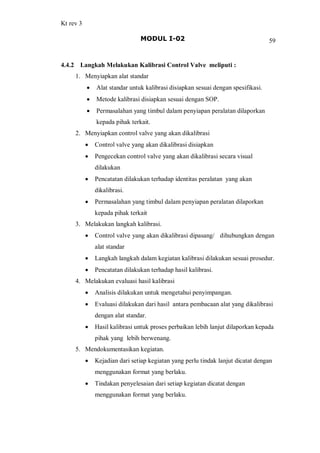 Kt rev 3
MODUL I-02 59
4.4.2 Langkah Melakukan Kalibrasi Control Valve meliputi :
1. Menyiapkan alat standar
· Alat standar untuk kalibrasi disiapkan sesuai dengan spesifikasi.
· Metode kalibrasi disiapkan sesuai dengan SOP.
· Permasalahan yang timbul dalam penyiapan peralatan dilaporkan
kepada pihak terkait.
2. Menyiapkan control valve yang akan dikalibrasi
· Control valve yang akan dikalibrasi disiapkan
· Pengecekan control valve yang akan dikalibrasi secara visual
dilakukan
· Pencatatan dilakukan terhadap identitas peralatan yang akan
dikalibrasi.
· Permasalahan yang timbul dalam penyiapan peralatan dilaporkan
kepada pihak terkait
3. Melakukan langkah kalibrasi.
· Control valve yang akan dikalibrasi dipasang/ dihubungkan dengan
alat standar
· Langkah langkah dalam kegiatan kalibrasi dilakukan sesuai prosedur.
· Pencatatan dilakukan terhadap hasil kalibrasi.
4. Melakukan evaluasi hasil kalibrasi
· Analisis dilakukan untuk mengetahui penyimpangan.
· Evaluasi dilakukan dari hasil antara pembacaan alat yang dikalibrasi
dengan alat standar.
· Hasil kalibrasi untuk proses perbaikan lebih lanjut dilaporkan kepada
pihak yang lebih berwenang.
5. Mendokumentasikan kegiatan.
· Kejadian dari setiap kegiatan yang perlu tindak lanjut dicatat dengan
menggunakan format yang berlaku.
· Tindakan penyelesaian dari setiap kegiatan dicatat dengan
menggunakan format yang berlaku.
 