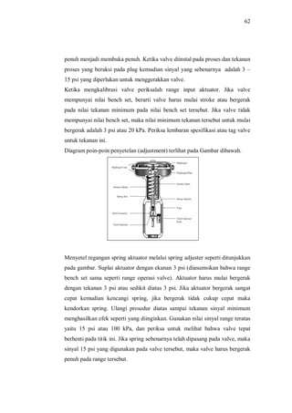 62
penuh menjadi membuka penuh. Ketika valve diinstal pada proses dan tekanan
proses yang beraksi pada plug kemudian sinyal yang sebenarnya adalah 3
15 psi yang diperlukan untuk menggerakkan valve.
Ketika mengkalibrasi valve periksalah range input aktuator. Jika valve
mempunyai nilai bench set, berarti valve harus mulai stroke atau bergerak
pada nilai tekanan minimum pada nilai bench set tersebut. Jika valve tidak
mempunyai nilai bench set, maka nilai minimum tekanan tersebut untuk mulai
bergerak adalah 3 psi atau 20 kPa. Periksa lembaran spesifikasi atau tag valve
untuk tekanan ini.
Diagram poin-poin penyetelan (adjustment) terlihat pada Gambar dibawah.
Menyetel regangan spring aktuator melalui spring adjuster seperti ditunjukkan
pada gambar. Suplai aktuator dengan ekanan 3 psi (diasumsikan bahwa range
bench set sama seperti range operasi valve). Aktuator harus mulai bergerak
dengan tekanan 3 psi atau sedikit diatas 3 psi. Jika aktuator bergerak sangat
cepat kemudian kencangi spring, jika bergerak tidak cukup cepat maka
kendorkan spring. Ulangi prosedur diatas sampai tekanan sinyal minimum
menghasilkan efek seperti yang diinginkan. Gunakan nilai sinyal range teratas
yaitu 15 psi atau 100 kPa, dan periksa untuk melihat bahwa valve tepat
berhenti pada titik ini. Jika spring sebenarnya telah dipasang pada valve, maka
sinyal 15 psi yang digunakan pada valve tersebut, maka valve harus bergerak
penuh pada range tersebut.
 
