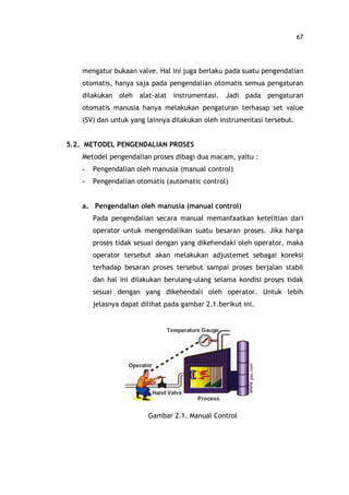 67
mengatur bukaan valve. Hal ini juga berlaku pada suatu pengendalian
otomatis, hanya saja pada pengendalian otomatis semua pengaturan
dilakukan oleh alat-alat instrumentasi. Jadi pada pengaturan
otomatis manusia hanya melakukan pengaturan terhasap set value
(SV) dan untuk yang lainnya dilakukan oleh instrumentasi tersebut.
5.2. METODEL PENGENDALIAN PROSES
Metodel pengendalian proses dibagi dua macam, yaitu :
- Pengendalian oleh manusia (manual control)
- Pengendalian otomatis (automatic control)
a. Pengendalian oleh manusia (manual control)
Pada pengendalian secara manual memanfaatkan ketelitian dari
operator untuk mengendalikan suatu besaran proses. Jika harga
proses tidak sesuai dengan yang dikehendaki oleh operator, maka
operator tersebut akan melakukan adjustemet sebagai koreksi
terhadap besaran proses tersebut sampai proses berjalan stabil
dan hal ini dilakukan berulang-ulang selama kondisi proses tidak
sesuai dengan yang dikehendali oleh operator. Untuk lebih
jelasnya dapat dilihat pada gambar 2.1.berikut ini.
Gambar 2.1. Manual Control
 