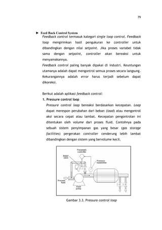 79
Feed Back Control System
Feedback control termasuk kategori single loop control. Feedback
loop mengirimkan hasil pengukuran ke controller untuk
dibandingkan dengan nilai setpoint. Jika proses variabel tidak
sama dengan setpoint, controller akan bereaksi untuk
menyamakannya.
Feedback control paling banyak dipakai di industri. Keuntungan
utamanya adalah dapat mengontrol semua proses secara langsung.
Kekurangannya adalah error harus terjadi sebelum dapat
dikoreksi.
Berikut adalah aplikasi feedback control:
1. Pressure control loop
Pressure control loop bereaksi berdasarkan kecepatan. Loop
dapat merespon perubahan dari beban (load) atau mengontrol
aksi secara cepat atau lambat. Kecepatan pengontrolan ini
ditentukan oleh volume dari proses fluid. Contohnya pada
sebuah sistem penyimpanan gas yang besar (gas storage
facilities) pergerakan controller cenderung lebih lambat
dibandingkan dengan sistem yang bervolume kecil.
Gambar 3.3. Pressure control loop
 