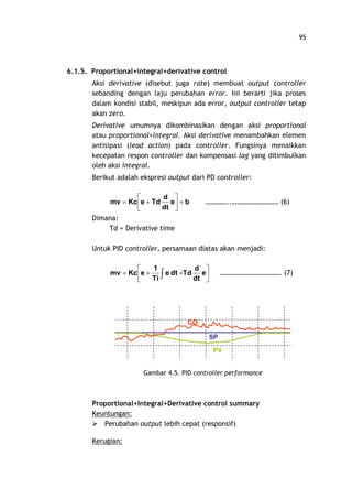 95
6.1.5. Proportional+integral+derivative control
Aksi derivative (disebut juga rate) membuat output controller
sebanding dengan laju perubahan error. Ini berarti jika proses
dalam kondisi stabil, meskipun ada error, output controller tetap
akan zero.
Derivative umumnya dikombinasikan dengan aksi proportional
atau proportional+integral. Aksi derivative menambahkan elemen
antisipasi (lead action) pada controller. Fungsinya menaikkan
kecepatan respon controller dan kompensasi lag yang ditimbulkan
oleh aksi integral.
Berikut adalah ekspresi output dari PD controller:
be
dt
d
TdeKcmv +ú
û
ù
ê
ë
é
+= .. (6)
Dimana:
Td = Derivative time
Untuk PID controller, persamaan diatas akan menjadi:
ú
û
ù
ê
ë
é
++= ò e
dt
d
Tddte
Ti
1
eKcmv . . (7)
Proportional+Integral+Derivative control summary
Keuntungan:
Ø Perubahan output lebih cepat (responsif)
Kerugian:
Gambar 4.5. PID controller performance
CO
PV
SP
CO
PV
SP
 
