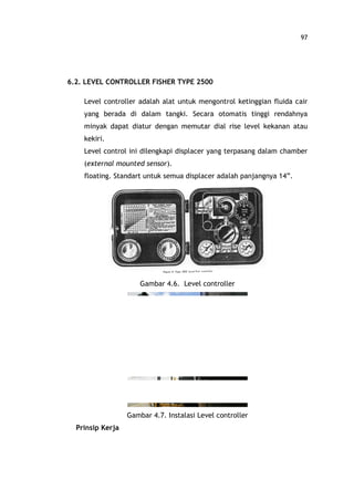 97
6.2. LEVEL CONTROLLER FISHER TYPE 2500
Level controller adalah alat untuk mengontrol ketinggian fluida cair
yang berada di dalam tangki. Secara otomatis tinggi rendahnya
minyak dapat diatur dengan memutar dial rise level kekanan atau
kekiri.
Level control ini dilengkapi displacer yang terpasang dalam chamber
(external mounted sensor).
floating. Standart untuk semua displacer adalah panjangnya 14 .
Gambar 4.6. Level controller
Gambar 4.7. Instalasi Level controller
Prinsip Kerja
 