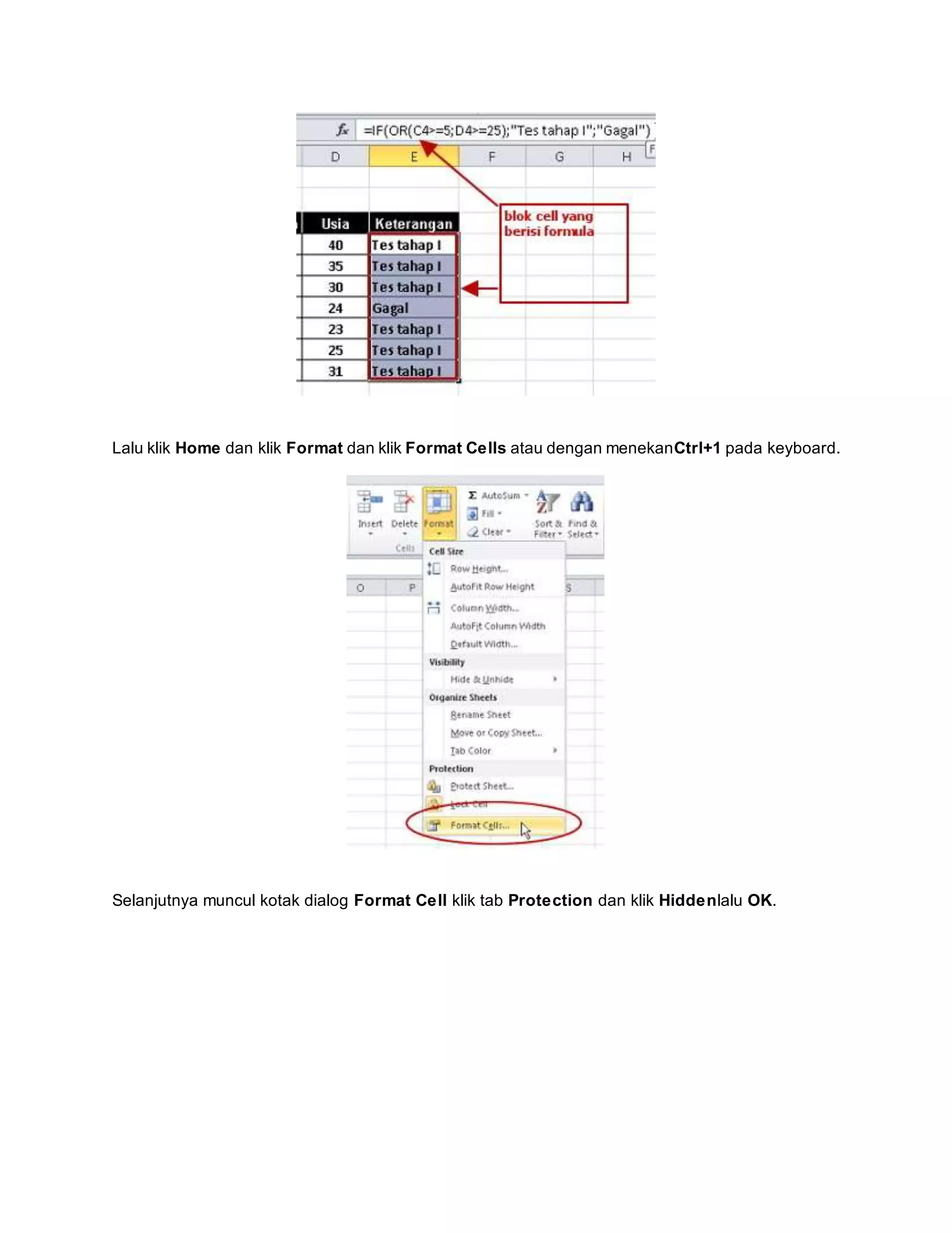 Lalu klik Home dan klik Format dan klik Format Cells atau dengan menekanCtrl+1 pada keyboard.
Selanjutnya muncul kotak dialog Format Cell klik tab Protection dan klik Hiddenlalu OK.
 