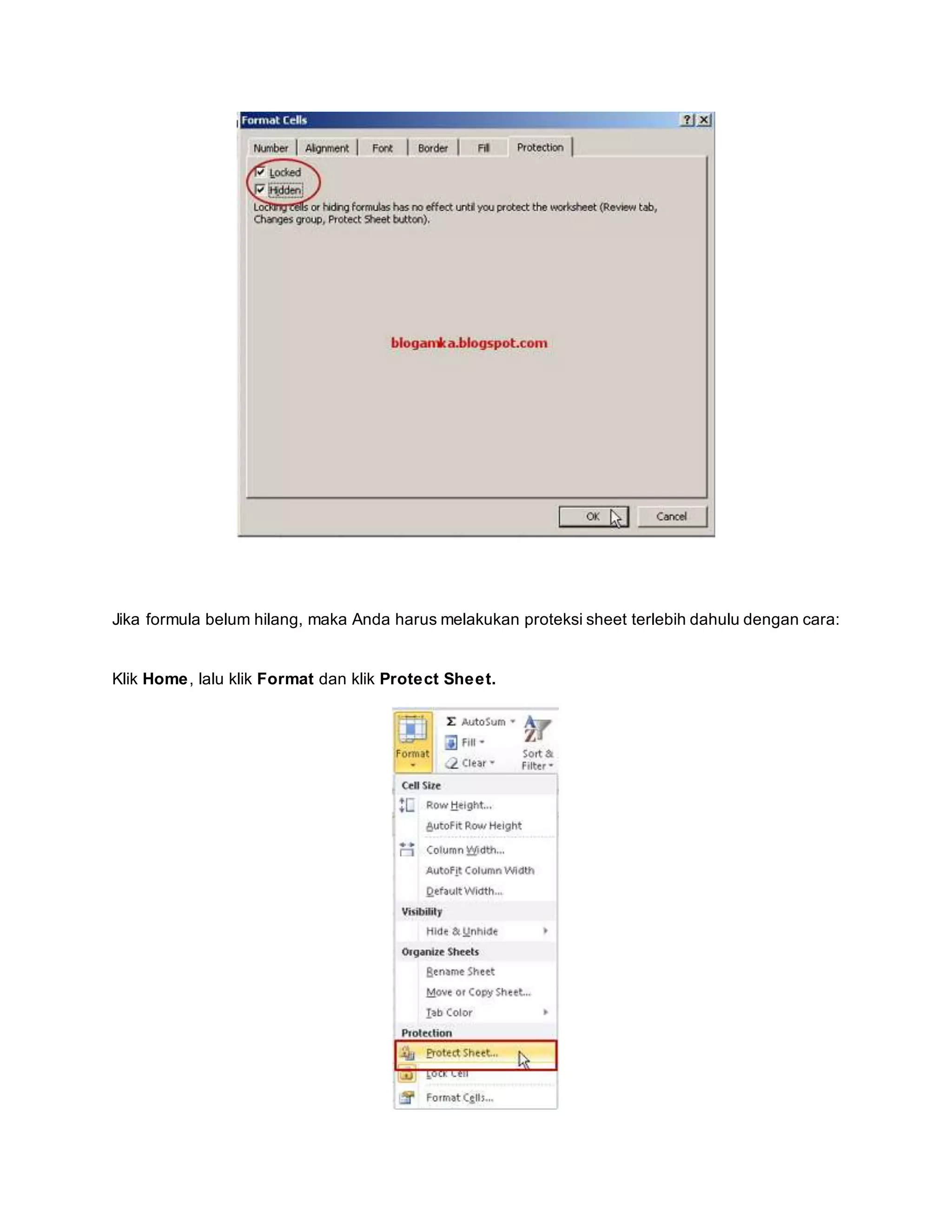 Jika formula belum hilang, maka Anda harus melakukan proteksi sheet terlebih dahulu dengan cara:
Klik Home, lalu klik Format dan klik Protect Sheet.
 