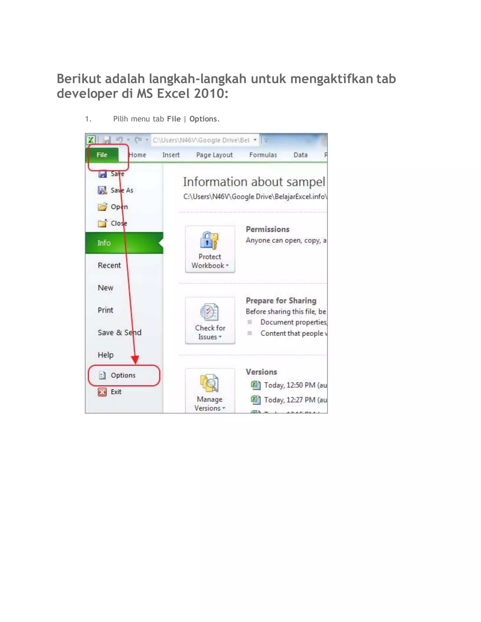 Berikut adalah langkah-langkah untuk mengaktifkan tab
developer di MS Excel 2010:
1. Pilih menu tab File | Options.
 