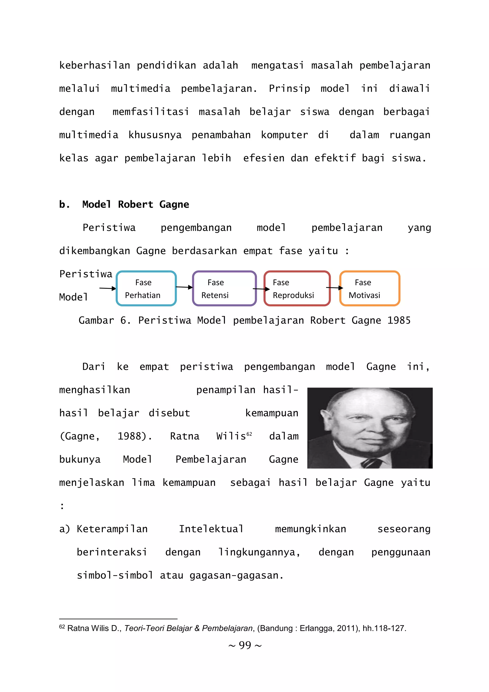 ~ 99 ~
keberhasilan pendidikan adalah mengatasi masalah pembelajaran
melalui multimedia pembelajaran. Prinsip model ini diawali
dengan memfasilitasi masalah belajar siswa dengan berbagai
multimedia khususnya penambahan komputer di dalam ruangan
kelas agar pembelajaran lebih efesien dan efektif bagi siswa.
b. Model Robert Gagne
Peristiwa pengembangan model pembelajaran yang
dikembangkan Gagne berdasarkan empat fase yaitu :
Peristiwa
Model
Gambar 6. Peristiwa Model pembelajaran Robert Gagne 1985
Dari ke empat peristiwa pengembangan model Gagne ini,
menghasilkan penampilan hasil-
hasil belajar disebut kemampuan
(Gagne, 1988). Ratna Wilis62
dalam
bukunya Model Pembelajaran Gagne
menjelaskan lima kemampuan sebagai hasil belajar Gagne yaitu
:
a) Keterampilan Intelektual memungkinkan seseorang
berinteraksi dengan lingkungannya, dengan penggunaan
simbol-simbol atau gagasan-gagasan.
62 Ratna Wilis D., Teori-Teori Belajar & Pembelajaran, (Bandung : Erlangga, 2011), hh.118-127.
Fase
Perhatian
Fase
Retensi
Fase
Reproduksi
Fase
Motivasi
 