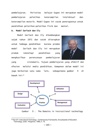 ~ 105 ~
pembelajaran. Peristiwa belajar Gagne ini merupakan model
pembelajaran pelatihan keterampilan intelektual dan
keterampilan motorik. Model Gagne ini cocok penerapannya untuk
pendidikan pelatihan-pelatihan fisik dan mental.
b. Model Gerlach dan Ely
Model Gerlach dan Ely dikembangkan
sejak tahun 1971 dan cocok diterapkan
untuk lembaga pendidikan karena produk
model Gerlach dan Ely ini merupakan
produk teknologi pendidikan yang
menghasilkan perencanaan pembelajaran
yang sistematis. Tujuan pembelajaran yang efektif dan
efesien melalui media pendidikan. Komponen dalam model ini
juga berkaitan satu sama lain, sebagaimana gambar 9 di
bawah ini:66
Gambar 9 . The Domains in instructional technology
66 Ely D.P, Instructional Technology : Contemporary Frameworks, Encyclopedia of Education
Technology, (USA : Pergamon, 1996), h. 19.
Theory
Practice
Development
Management
Evaluation
Utilization
Design
 