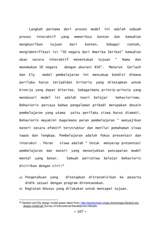 ~ 107 ~
Langkah pertama dari proses model ini adalah sebuah
proses interaktif yang memeriksa konten dan kemudian
menghasilkan tujuan dari konten. Sebagai contoh,
mengidentifikasi isi “50 negara dari Amerika Serikat” kemudian
akan secara interaktif menentukan tujuan “ Nama dan
menemukan 50 negara dengan akurasi 85%”. Menurut Gerlach
dan Ely model pembelajaran ini mencakup kondisi dimana
perilaku harus terjadidan kriteria yang ditetapkan untuk
kinerja yang dapat diterima. Sebagaimana prinsip-prinsip yang
mendasari model ini adalah teori belajar behaviorisme.
Behavioris percaya bahwa pengalaman pribadi merupakan desain
pembelajaran yang utama yaitu perilaku siswa harus diamati.
Behavioris meyakini bagaimana peran pembelajaran “ menyajikan
materi secara efektif terstruktur dan menilai pemahaman siswa
tepat dan lengkap. Pembelajaran adalah fokus presentasi dan
interaksi . Peran siswa adalah “ Untuk menyerap presentasi
pembelajaran dan materi yang menunjukkan pencapaian model
mental yang benar. Sebuah peristiwa belajar behavioris
dicirikan dengan ciri:68
a) Pengetahuan yang ditetapkan ditransmisikan ke peserta
didik sesuai dengan program direncanakan.
b) Kegiatan khusus yang dilakukan untuk mencapai tujuan.
68 Gerlach and Ely design model grapic taken from: http://edutechwiki unige.ch/enImage:Gerlach-ely-
design-model.gif, Survey of Instructional Development Models
 