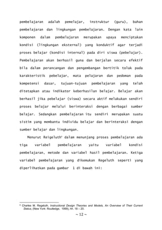 ~ 12 ~
pembelajaran adalah pemelajar, instruktur (guru), bahan
pembelajaran dan lingkungan pembelajaran. Dengan kata lain
komponen dalam pembelajaran merupakan upaya menciptakan
kondisi (lingkungan eksternal) yang konduktif agar terjadi
proses belajar (kondisi internal) pada diri siswa (pebelajar).
Pembelajaran akan berhasil guna dan berjalan secara efektif
bila dalam perancangan dan pengembangan bertitik tolak pada
karakteristik pebelajar, mata pelajaran dan pedoman pada
kompetensi dasar, tujuan-tujuan pembelajaran yang telah
ditetapkan atau indikator keberhasilan belajar. Belajar akan
berhasil jika pebelajar (siswa) secara aktif melakukan sendiri
proses belajar melalui berinteraksi dengan berbagai sumber
belajar. Sedangkan pembelajaran itu sendiri merupakan suatu
sistim yang membantu individu belajar dan berinteraksi dengan
sumber belajar dan lingkungan.
Menurut Reigeluth9
dalam menunjang proses pembelajaran ada
tiga variabel pembelajaran yaitu variabel kondisi
pembelajaran, metode dan variabel hasil pembelajaran. Ketiga
variabel pembelajaran yang dikemukan Regeluth seperti yang
diperlihatkan pada gambar 1 di bawah ini:
9 Charles M. Regeluth, Instructional Design Theories and Models, An Overview of Their Current
Status, (New York: Routledge, 1999), hh. 18 – 20.
 