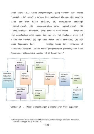 ~ 121 ~
awal siswa. (2) Tahap pengembangan, yang terdiri dari empat
langkah : (a) menulis tujuan instruksional khusus, (b) menulis
alat penilaian hasil belajar, (c) menyususun strategi
instruksional, (d) mengembangkan bahan instruksional. (3)
Tahap evaluasi formatif, yang terdiri dari empat langkah:
(a) penelaahan oleh pakar dan revisi, (b) Evaluasi oleh 1-3
siswa dan revisi, (c) Uji coba dalam skala terbatas, (d) uji
coba lapangan. Dari ketiga tahap ini, tersusun 10
(sepuluh) langkah dalam model pengembangan pembelajaran Atwi
Suparman, sebagaimana gambar 14 di bawah ini:74
Gambar 14 . Model pengembangan pembelajaran Atwi Suparman
74 Atwi Suparman, Desain Instruksional Modern: Panduan Para Pengajar & Inovator Pendidikan,
(Jakarta : Erlangga, 2012), hh. 116-130.
Identifikasi
kebutuhan
dan tujuan
instruksional
Analisis
instruksio
nal
Identifikasi
perilaku
siswa
Tujuan
Instruksion
al khusus
Menyusun
strategi
belajar
Menyusun
hasil
belajar
Mengemban
gkan bahan
belajar
Menyusun
desain,
evaluasi
fromatif
Implement
asi,
evaluasi,
inovasi
Sistem
instruksi
onal
 