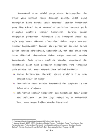 ~ 23 ~
Kompetensi dasar adalah pengetahuan, keterampilan, dan
sikap yang minimal harus dikuasai peserta didik untuk
menunjukan bahwa mereka telah menguasai standar kompetensi
yang ditetapkan.15
Untuk memperoleh perincian tersebut perlu
dilakukan analisis standar kompetensi. Caranya dengan
mengajukan pertanyaan: “kemampuan atau kemampuan dasar apa
saja yang harus dikuasai siswa-siswi dalam rangka mencapai
standar kompetensi?”. Jawaban atas pertanyaan tersebut berupa
daftar lengkap pengetahuan, keterampilan, dan atau sikap yang
harus dikuasai siswa-siswa dalam rangka mencapai standar
kompetensi. Pada proses analisis standar kompetensi dan
kompetensi dasar mata pelajaran sebagaimana yang tercantum
pada standar isi, harus memperhatikan hal-hal berikut:16
Urutan berdasarkan hierarki konsep disiplin ilmu atau
tingkat kesulitan materi
Keterkaitan antar standar kompetensi dan kompetensi dasar
dalam mata pelajaran
Keterkaitan standar kompetensi dan kompetensi dasar antar
mata pelajaran. Demikian juga halnya kajian kompetensi
dasar sama dengan kajian standar kompetensi.
15 Peraturan Menteri Pendidikan Nasional 22 Tahun 2006, Op. Cit
16 Masnur Muslich, 2007, KTSP (Kurikulum Tingkat Satuan Pendidikan) Dasar Pemahaman Dan
Pengembangan: Pedoman Bagi Pengelola Lembaga Pendidikan, Pengawas Sekolah, Kepala
Sekolah, Komite Sekolah, Dewan Sekolah, Dan Guru, Jakarta: Bumi Aksara, hal. 55
 