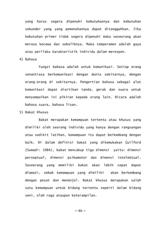 ~ 46 ~
yang harus segera dipenuhi kebutuhannya dan kebutuhan
sekunder yang yang pemenuhannya dapat ditangguhkan. Jika
kebutuhan primer tidak segera dipenuhi maka seseorang akan
merasa kecewa dan sebaliknya. Maka temperamen adalah gaya
atau perilaku karakteristik individu dalam merespon.
4) Bahasa
Fungsi bahasa adalah untuk komunikasi. Setiap orang
senantiasa berkomunikasi dengan dunia sekitarnya, dengan
orang-orang di sekitarnya. Pengertian bahasa sebagai alat
komunikasi dapat diartikan tanda, gerak dan suara untuk
menyampaikan isi pikiran kepada orang lain. Bicara adalah
bahasa suara, bahasa lisan.
5) Bakat Khusus
Bakat merupakan kemampuan tertentu atau khusus yang
dimiliki oleh seorang individu yang hanya dengan rangsangan
atau sedikit latihan, kemampuan itu dapat berkembang dengan
baik. Di dalam definisi bakat yang dikemukakan Guilford
(Sumadi: 1984), bakat mencakup tiga dimensi yaitu: dimensi
perseptual, dimensi psikomotor dan dimensi intelektual.
Seseorang yang memiliki bakat akan lebih cepat dapat
diamati, sebab kemampuan yang dimiliki akan berkembang
dengan pesat dan menonjol. Bakat khusus merupakan salah
satu kemampuan untuk bidang tertentu seperti dalam bidang
seni, olah raga ataupun keterampilan.
 