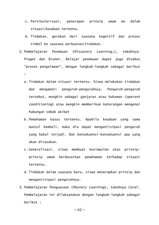 ~ 62 ~
c. Partikularisasi, penerapan prinsip umum ke dalam
situasi/keadaan tertentu.
d. Tindakan, gerakan dari suasana kognitif dan proses
simbol ke suasana perbuatan/tindakan.
2. Pembelajaran Penemuan (Discovery Learning,), tokohnya:
Piaget dan Bruner. Belajar penemuan dapat juga disebut
“proses pengalaman”, dengan langkah-langkah sebagai berikut
:
a. Tindakan dalam situasi tertentu. Siswa melakukan tindakan
dan mengamati pengaruh-pengaruhnya. Pengaruh-pengaruh
tersebut, mungkin sebagai ganjaran atau hukuman (operant
conditioning) atau mungkin memberikan keterangan mengenai
hubungan sebab akibat
b. Pemahaman kasus tertentu. Apabila keadaan yang sama
muncul kembali, maka dia dapat mengantisipasi pengaruh
yang bakal terjadi. Dan konsekuensi-konsekuensi apa yang
akan dirasakan.
c. Generalisasi, siswa membuat kesimpulan atas prinsip-
prinsip umum berdasarkan pemahaman terhadap situasi
tertentu.
d. Tindakan dalam suasana baru, siswa menerapkan prinsip dan
mengantisipasi pengaruhnya.
3. Pembelajaran Penguasaan (Mastery Learning), tokohnya Carol.
Pembelajaran ini dilaksanakan dengan langkah-langkah sebagai
berikut :
 