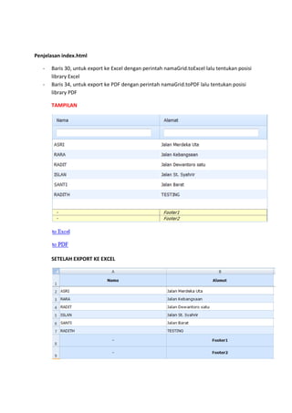 Penjelasan index.html
- Baris 30, untuk export ke Excel dengan perintah namaGrid.toExcel lalu tentukan posisi
library Excel
- Baris 34, untuk export ke PDF dengan perintah namaGrid.toPDF lalu tentukan posisi
library PDF
TAMPILAN
SETELAH EXPORT KE EXCEL
 