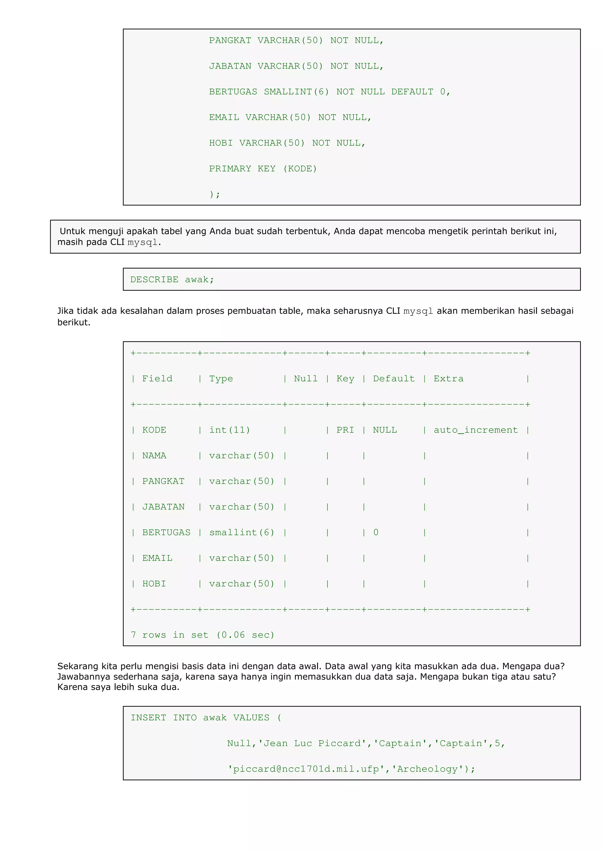 PANGKAT VARCHAR(50) NOT NULL,
JABATAN VARCHAR(50) NOT NULL,
BERTUGAS SMALLINT(6) NOT NULL DEFAULT 0,
EMAIL VARCHAR(50) NOT NULL,
HOBI VARCHAR(50) NOT NULL,
PRIMARY KEY (KODE)
);
Untuk menguji apakah tabel yang Anda buat sudah terbentuk, Anda dapat mencoba mengetik perintah berikut ini,
masih pada CLI mysql.
DESCRIBE awak;
Jika tidak ada kesalahan dalam proses pembuatan table, maka seharusnya CLI mysql akan memberikan hasil sebagai
berikut.
+----------+-------------+------+-----+---------+----------------+
| Field | Type | Null | Key | Default | Extra |
+----------+-------------+------+-----+---------+----------------+
| KODE | int(11) | | PRI | NULL | auto_increment |
| NAMA | varchar(50) | | | | |
| PANGKAT | varchar(50) | | | | |
| JABATAN | varchar(50) | | | | |
| BERTUGAS | smallint(6) | | | 0 | |
| EMAIL | varchar(50) | | | | |
| HOBI | varchar(50) | | | | |
+----------+-------------+------+-----+---------+----------------+
7 rows in set (0.06 sec)
Sekarang kita perlu mengisi basis data ini dengan data awal. Data awal yang kita masukkan ada dua. Mengapa dua?
Jawabannya sederhana saja, karena saya hanya ingin memasukkan dua data saja. Mengapa bukan tiga atau satu?
Karena saya lebih suka dua.
INSERT INTO awak VALUES (
Null,'Jean Luc Piccard','Captain','Captain',5,
'piccard@ncc1701d.mil.ufp','Archeology');
 