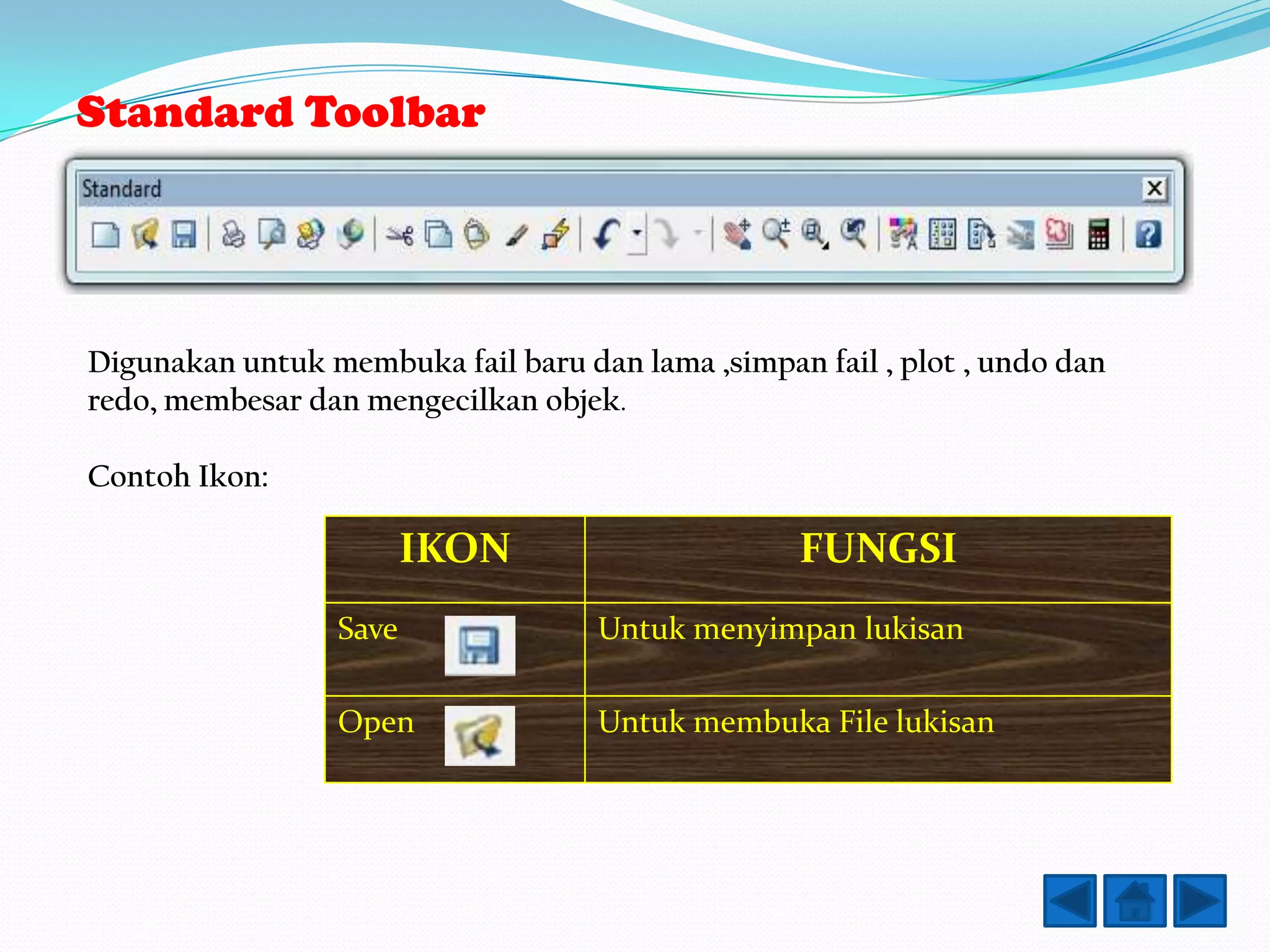 Standard Toolbar




Digunakan untuk membuka fail baru dan lama ,simpan fail , plot , undo dan
redo, membesar dan mengecilkan objek.

Contoh Ikon:

                        IKON                       FUNGSI
                 Save               Untuk menyimpan lukisan

                 Open               Untuk membuka File lukisan
 