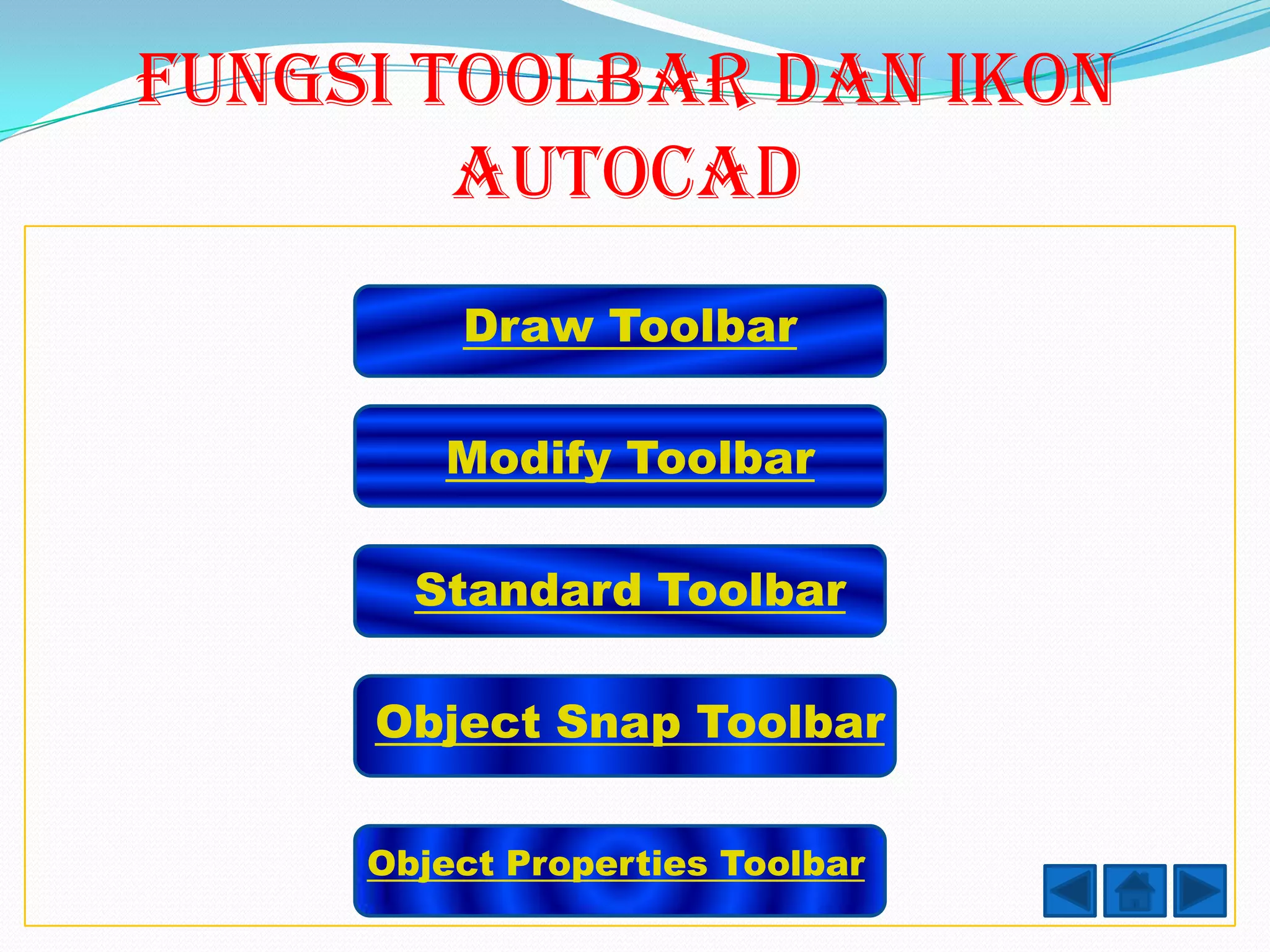 FUNGSI TOOLBAR DAN IKON
        AutoCAD
         Draw Toolbar

        Modify Toolbar

       Standard Toolbar

     Object Snap Toolbar


     Object Properties Toolbar
 