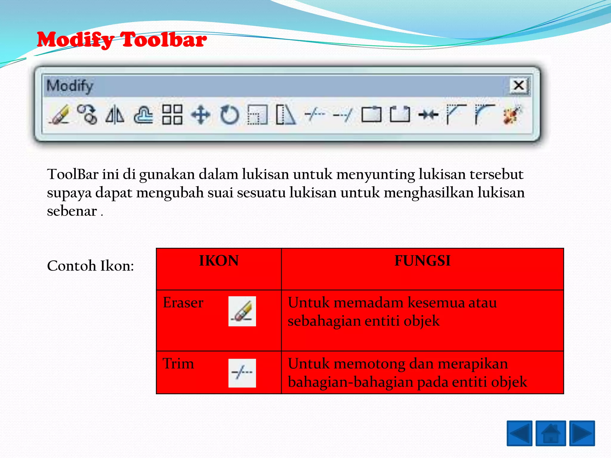Modify Toolbar




ToolBar ini di gunakan dalam lukisan untuk menyunting lukisan tersebut
supaya dapat mengubah suai sesuatu lukisan untuk menghasilkan lukisan
sebenar .


Contoh Ikon:           IKON                       FUNGSI

                Eraser             Untuk memadam kesemua atau
                                   sebahagian entiti objek

                Trim               Untuk memotong dan merapikan
                                   bahagian-bahagian pada entiti objek
 