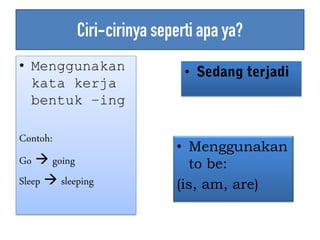• Menggunakan
kata kerja
bentuk –ing
Contoh:
Go  going
Sleep  sleeping
•
• Menggunakan
to be:
(is, am, are)
 