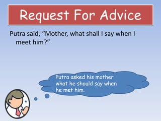 Request For Advice
Putra said, “Mother, what shall I say when I
meet him?”
Putra asked his mother
what he should say when
he met him.
 