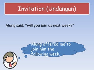 Invitation (Undangan)
Alung said, “will you join us next week?”
Alung offered me to
join him the
following week.
 