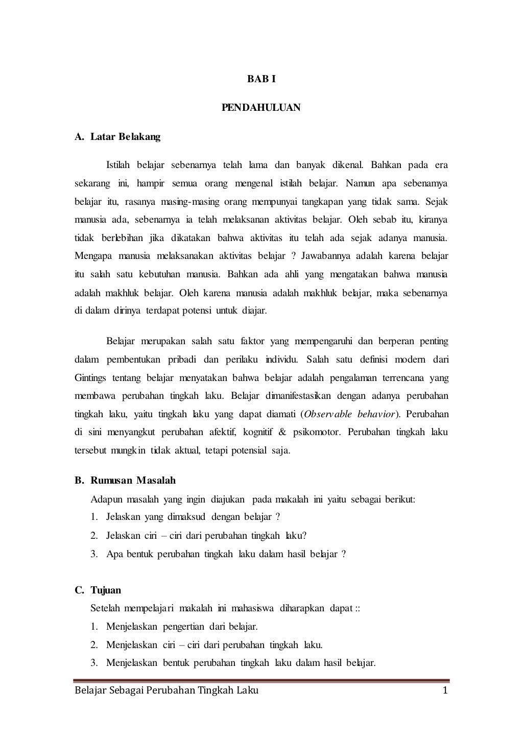 Belajar Sebagai Perubahan Tingkah Laku (Makalah Belajar