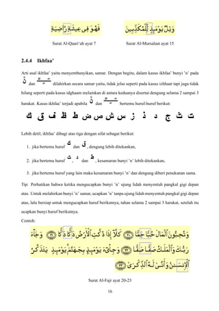 Surat Al-Qaari‘ah ayat 7 Surat Al-Mursalaat ayat 15
2.4.4 Ikhfaa’
Arti asal ikhfaa’ yaitu menyembunyikan, samar. Dengan begitu, dalam kasus ikhfaa’ bunyi ’n’ pada
dan dilahirkan secara samar yaitu, tidak jelas seperti pada kasus izhhaar tapi juga tidak
hilang seperti pada kasus idghaam melainkan di antara keduanya disertai dengung selama 2 sampai 3
harakat. Kasus ikhfaa’ terjadi apabila dan bertemu huruf-huruf berikut:
Lebih detil, ikhfaa’ dibagi atas tiga dengan sifat sebagai berikut:
1. jika bertemu huruf dan , dengung lebih ditekankan,
2. jika bertemu huruf , dan , kesamaran bunyi ’n’ lebih ditekankan,
3. jika bertemu huruf yang lain maka kesamaran bunyi ’n’ dan dengung diberi penekanan sama.
Tip: Perhatikan bahwa ketika mengucapkan bunyi ’n’ ujung lidah menyentuh pangkal gigi depan
atas. Untuk melahirkan bunyi ’n’ samar, ucapkan ’n’ tanpa ujung lidah menyentuh pangkal gigi depan
atas, lalu bersiap untuk mengucapkan huruf berikutnya, tahan selama 2 sampai 3 harakat, setelah itu
ucapkan bunyi huruf berikutnya.
Contoh:
Surat Al-Fajr ayat 20-23
16
 