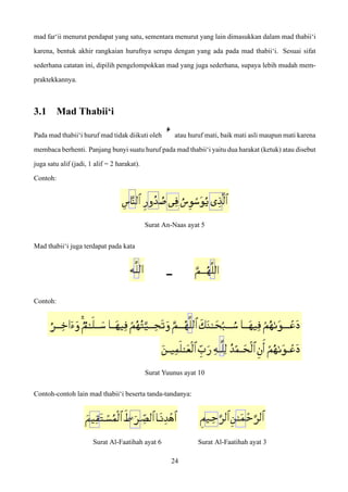 mad far‘ii menurut pendapat yang satu, sementara menurut yang lain dimasukkan dalam mad thabii‘i
karena, bentuk akhir rangkaian hurufnya serupa dengan yang ada pada mad thabii‘i. Sesuai sifat
sederhana catatan ini, dipilih pengelompokkan mad yang juga sederhana, supaya lebih mudah mem-
praktekkannya.
3.1 Mad Thabii‘i
Pada mad thabii‘i huruf mad tidak diikuti oleh atau huruf mati, baik mati asli maupun mati karena
membaca berhenti. Panjang bunyi suatu huruf pada mad thabii‘i yaitu dua harakat (ketuk) atau disebut
juga satu alif (jadi, 1 alif = 2 harakat).
Contoh:
Surat An-Naas ayat 5
Mad thabii‘i juga terdapat pada kata
Contoh:
Surat Yuunus ayat 10
Contoh-contoh lain mad thabii‘i beserta tanda-tandanya:
Surat Al-Faatihah ayat 6 Surat Al-Faatihah ayat 3
24
 