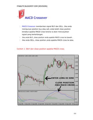 ITABLETZ.BLOGSPOT.COM (REVISION)
MACD Crossover
 MACD Crossover memberikan signal BUY dan SELL. Jika anda
mempunyai position buy atau sell, anda boleh close position
tersebut apabila MACD cross kerana ia akan menunjukkan
signal yang bertentangan.

 Jika anda BUY, close position anda apabila MACD cross ke bawah.

 Jika anda SELL, close position anda apabila MACD cross ke atas.
Contoh 1: BUY dan close position apabila MACD cross.
101
 