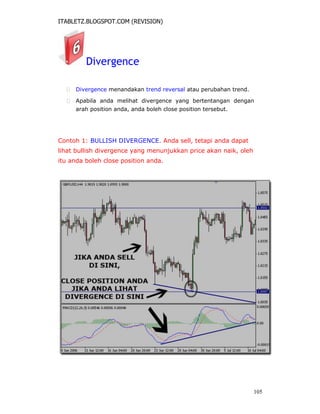 ITABLETZ.BLOGSPOT.COM (REVISION)
Divergence
 Divergence menandakan trend reversal atau perubahan trend.

 Apabila anda melihat divergence yang bertentangan dengan
arah position anda, anda boleh close position tersebut.
Contoh 1: BULLISH DIVERGENCE. Anda sell, tetapi anda dapat
lihat bullish divergence yang menunjukkan price akan naik, oleh
itu anda boleh close position anda.
105
 