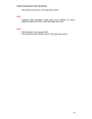 ITABLETZ.BLOGSPOT.COM (REVISION)
 Jika harga emas kukuh, CHF juga akan kukuh.
AUD
 Australia ialah pengeluar emas yang ke-3 terbesar di dunia.
Apabila harga emas naik, harga AUD juga akan naik.
NZD
 NZD berkadar terus dengan AUD.
 Jika harga komoditi (emas) kukuh, CHF juga akan kukuh.
116
 