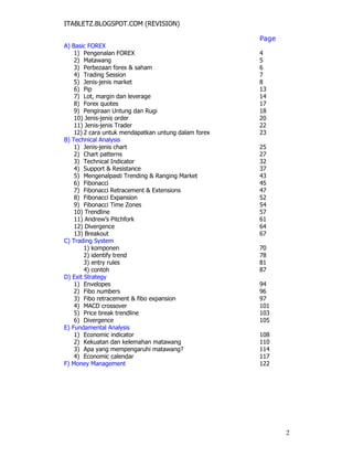 ITABLETZ.BLOGSPOT.COM (REVISION)
Page
A) Basic FOREX
1) Pengenalan FOREX 4
2) Matawang 5
3) Perbezaan forex & saham 6
4) Trading Session 7
5) Jenis-jenis market 8
6) Pip 13
7) Lot, margin dan leverage 14
8) Forex quotes 17
9) Pengiraan Untung dan Rugi 18
10) Jenis-jenis order 20
11) Jenis-jenis Trader 22
12) 2 cara untuk mendapatkan untung dalam forex 23
B) Technical Analysis
1) Jenis-jenis chart 25
2) Chart patterns 27
3) Technical Indicator 32
4) Support & Resistance 37
5) Mengenalpasti Trending & Ranging Market 43
6) Fibonacci 45
7) Fibonacci Retracement & Extensions 47
8) Fibonacci Expansion 52
9) Fibonacci Time Zones 54
10) Trendline 57
11) Andrew’s Pitchfork 61
12) Divergence 64
13) Breakout 67
C) Trading System
1) komponen 70
2) identify trend 78
3) entry rules 81
4) contoh 87
D) Exit Strategy
1) Envelopes 94
2) Fibo numbers 96
3) Fibo retracement & fibo expansion 97
4) MACD crossover 101
5) Price break trendline 103
6) Divergence 105
E) Fundamental Analysis
1) Economic indicator 108
2) Kekuatan dan kelemahan matawang 110
3) Apa yang mempengaruhi matawang? 114
4) Economic calendar 117
F) Money Management 122
2
 