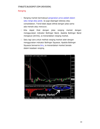 ITABLETZ.BLOGSPOT.COM (REVISION)
Ranging
 Ranging market bermaksud pergerakan price adalah dalam
satu range atau jarak. Ia juga dipanggil sideway atau
consolidation. Trend tidak dapat dilihat dengan jelas sama
ada menaik atau menurun.

 Kita dapat lihat dengan jelas ranging market dengan
menggunakan indicator Bollinger Band. Apabila Bollinger Band
mengecut (shrink), ia menandakan ranging market.

 Satu lagi cara untuk melihat ranging market ialah dengan
menggunakan indicator Bollinger Squeeze. Apabila Bollinger
Squeeze berwarna biru, ia menandakan market berada
dalam keadaan ranging.
44
 