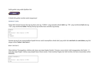 Inilah gambar yang sudah dijadikan link: 
Cobalah klik gambar tersebut untuk mengetesnya! 
MEMBUAT TABEL 
Setiap tabel minimal tersusun dari tiga tag dasar yaitu tag <TABLE> yang menandai sebuah tabel, tag <TR> yang membentuk baris dan tag 
<TD> yang membentuk kolom. Masing-masing tag tersebut harus memiliki tag penutup. 
<TABLE> 
<TR> 
<TD>kolom 1 dari baris 1</TD> 
</TR> 
</TABLE> 
Susunan tag-tag di atas memerintahkan kepada browser untuk menampilkan sebuah tabel yang terdiri dari satu baris dan satu kolom yang diisi 
dengan tulisan: kolom 1 dari baris 1. 
kolom 1 dari baris 1 
Mana tabelnya? Sesungguhnya, tabelnya ada, hanya saja tanpa bingkai (border). Ternyata, secara default, tabel menggunakan nilai border = 0 
(nol) alias tanpa bingkai. Jadinya yang tampak hanya tulisan semata. Untuk membuat bingkai dari tabel tersebut, kita harus menyertakan atribut 
BORDER. 
<TABLE BORDER=1> 
<TR> 
<TD>kolom 1 dari baris 1</TD> 
</TR> 
 