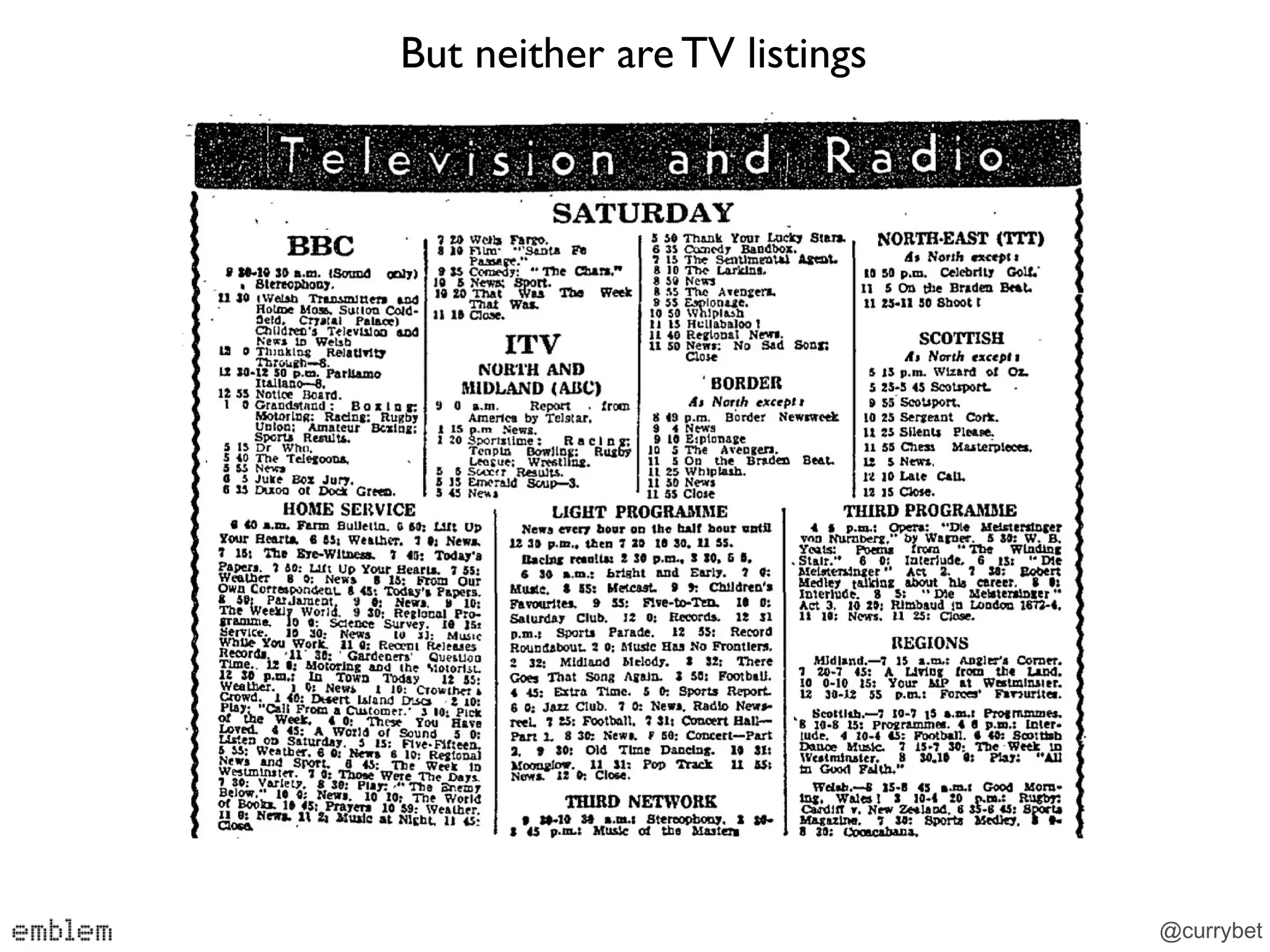 But neither are TV listings




                              @currybet
 