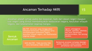Ancaman Terhadap NKRI
• Ancaman adalah setiap usaha dan kegiatan, baik dari dalam negeri maupun
luar negeri yang dinilai membahayakan kedaulatan negara, keutuhan wilayah
negara, dan keselamatan segenap bangsa.
15
Bentuk
Ancaman
MILITER -Ancaman yang menggunakan
kekuatan bersenjata, terorganisasi serta
membahayakan kedaulatan negara,
keutuhan wilayah negara, dan keselamatan
segenap bangsa
Agresi, pelanggaran
wilayah, spionase, sabotase,
aksi teror bersenjata,
pemberontakan, dan perang
saudara
NON MILITER - Tidak bersifat fisik
serta bentuknya tidak terlihat
Berbentuk ancaman terhadap ideologi,
politik, ekonomi, sosial budaya, serta
pertahanan dan keamanan
 