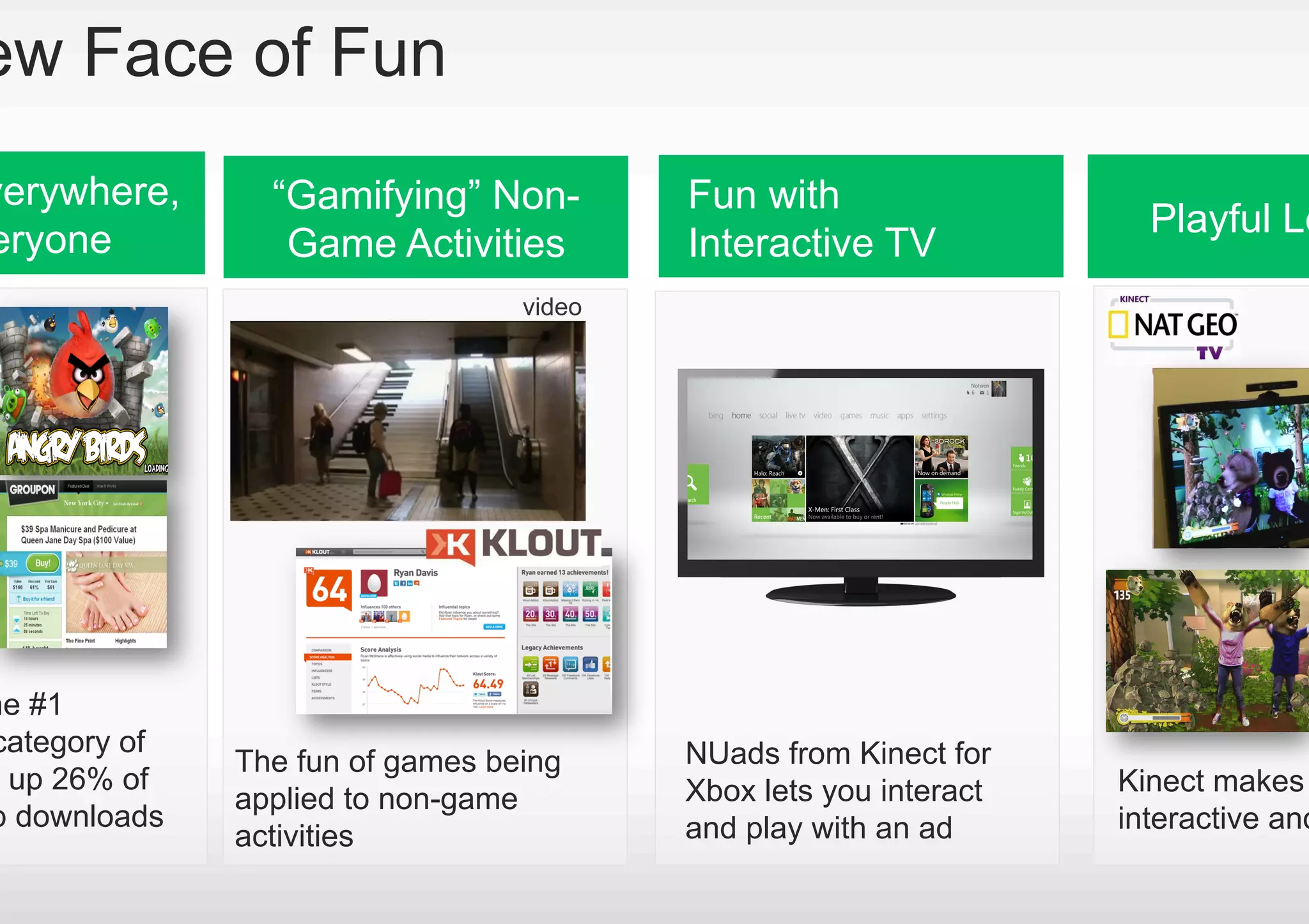 ew Face of Fun
verywhere,      “Gamifying” Non-       Fun with
                                                                  Playful Le
eryone           Game Activities       Interactive TV




he #1
category of                            NUads from Kinect for
              The fun of games being
 up 26% of                             Xbox lets you interact   Kinect makes
              applied to non-game
p downloads                            and play with an ad      interactive and
              activities
 