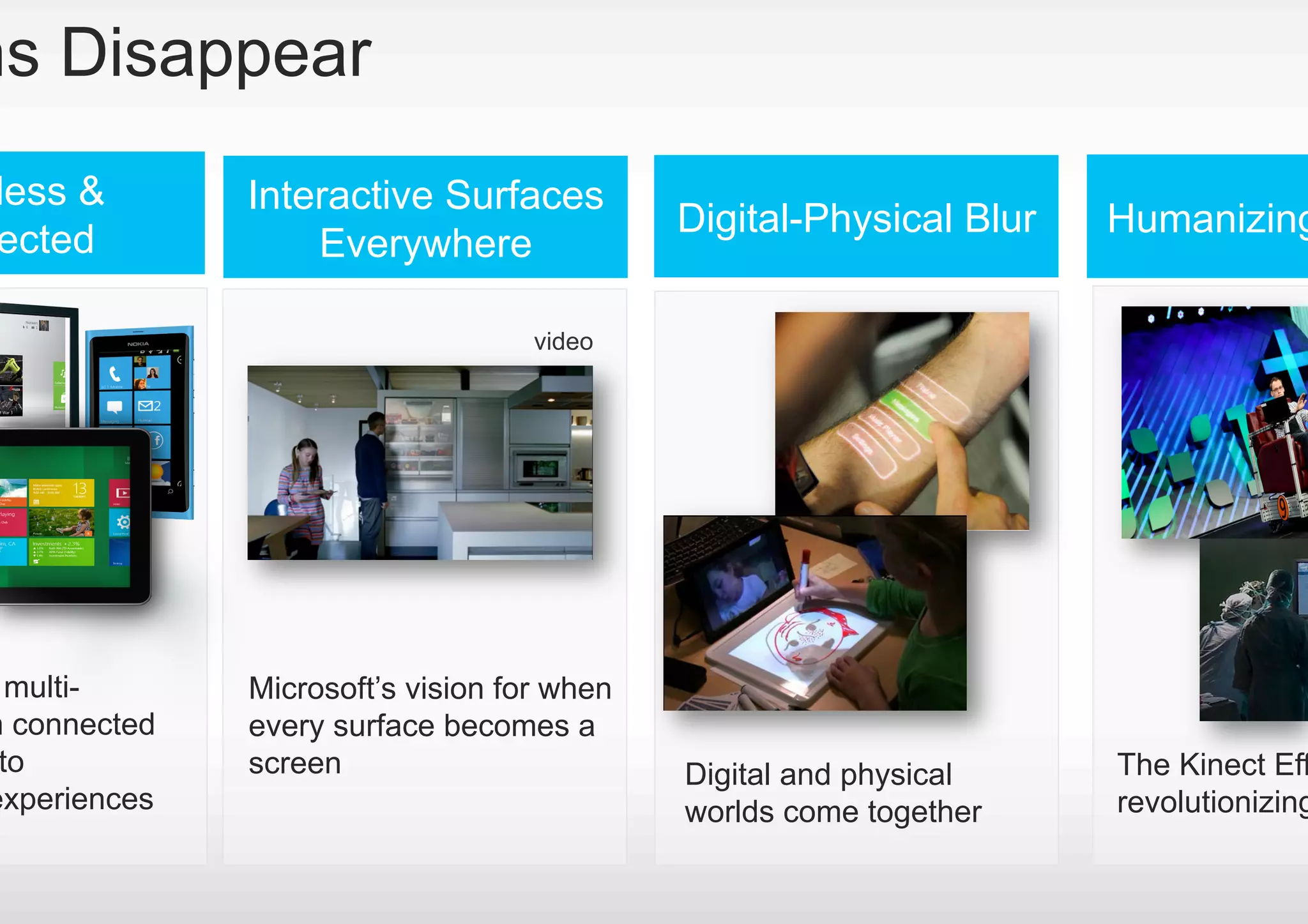 ns Disappear
 less &       Interactive Surfaces
                                            Digital-Physical Blur   Humanizing
 ected            Everywhere




  multi-      Microsoft’s vision for when
m connected   every surface becomes a
 to           screen                        Digital and physical    The Kinect Eff
experiences                                 worlds come together    revolutionizing
 