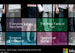 SOCIA                                                                CL
                 L                                                                    D


                Everyone’s a
                           MOBIL                                  The New Face of
                Storyteller E                                          Fun


 IC             Screens                                            Contextual
                                                                    BIG             CO
S               Disappear                                          World
                                                                   DATA              E
                                                                                    TIV
 rtoroz,	
  	
  Bela	
  Papp,	
  Adver4sing	
  &	
  Online	
  CEE	
  
 