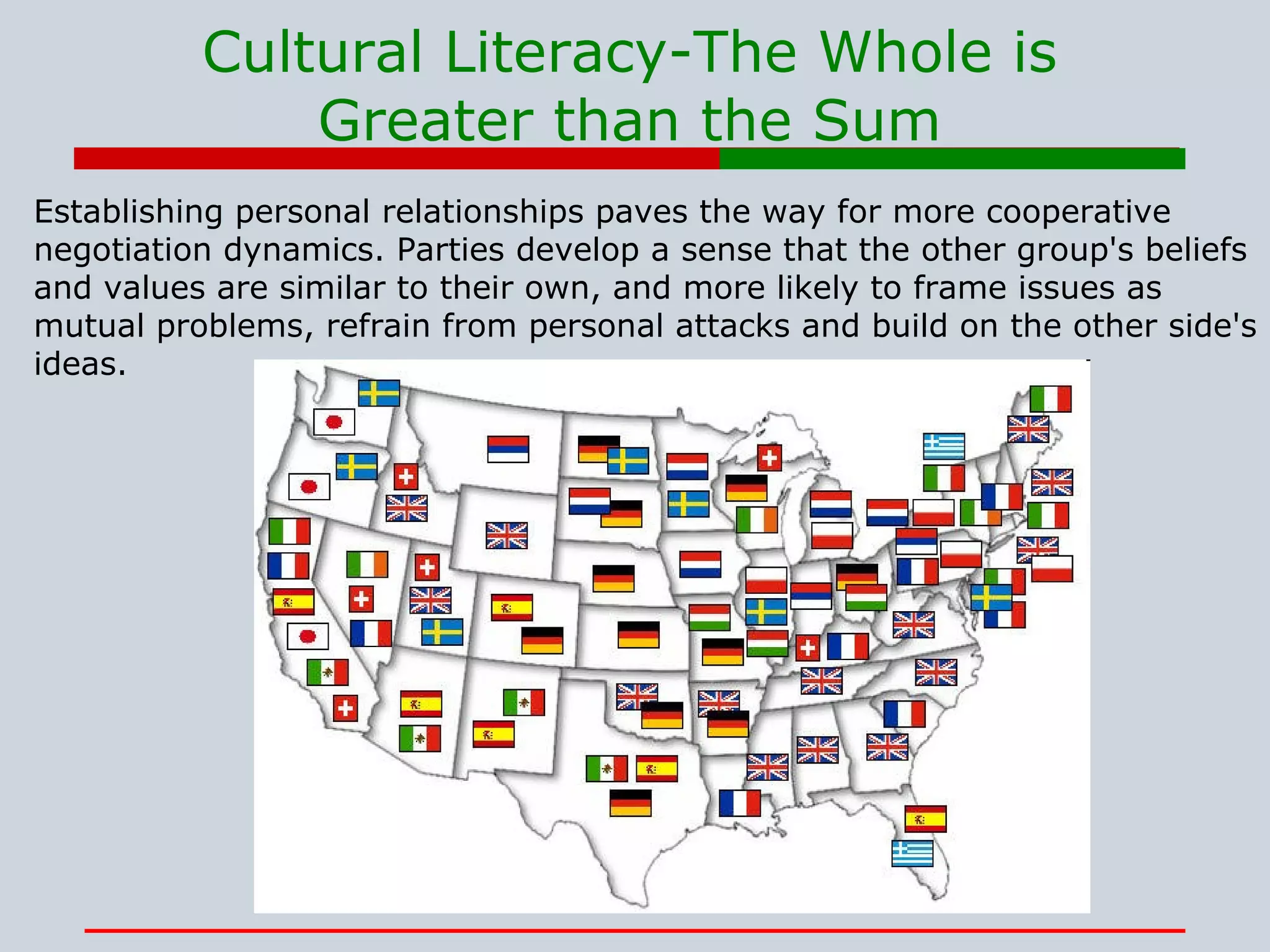 Cultural Literacy-The Whole is Greater than the Sum Establishing personal relationships paves the way for more cooperative negotiation dynamics. Parties develop a sense that the other group's beliefs and values are similar to their own, and more likely to frame issues as mutual problems, refrain from personal attacks and build on the other side's ideas.  