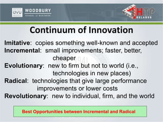 Continuum of Innovation
Imitative: copies something well-known and accepted
Incremental: small improvements; faster, better,
cheaper
Evolutionary: new to firm but not to world (i.e.,
technologies in new places)
Radical: technologies that give large performance
improvements or lower costs
Revolutionary: new to individual, firm, and the world
Best Opportunities between Incremental and Radical
 