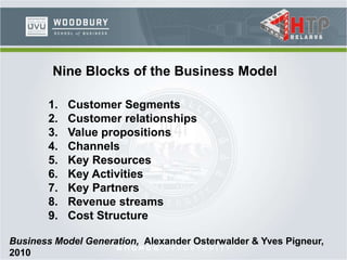 Nine Blocks of the Business Model
1. Customer Segments
2. Customer relationships
3. Value propositions
4. Channels
5. Key Resources
6. Key Activities
7. Key Partners
8. Revenue streams
9. Cost Structure
Business Model Generation, Alexander Osterwalder & Yves Pigneur,
2010
 