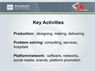 Key Activities
Production: designing, making, delivering
Problem solving: consulting, services,
hospitals
Platform/network: software, networks,
social media, brands, platform promotion
 
