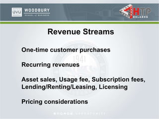 Revenue Streams
One-time customer purchases
Recurring revenues
Asset sales, Usage fee, Subscription fees,
Lending/Renting/Leasing, Licensing
Pricing considerations
 